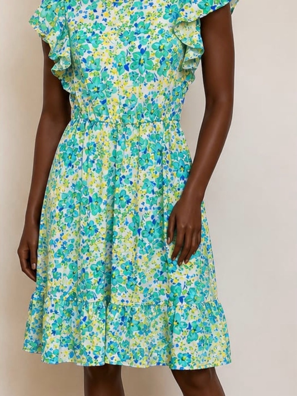Floral Ruffle-Sleeve Sundress in Aqua Green